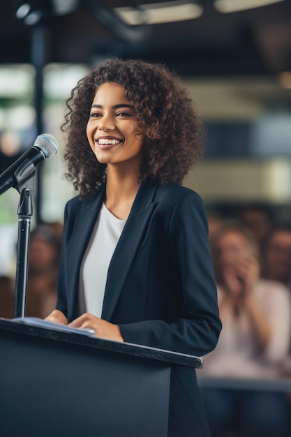 Cheerful female presenter interacting with the audience