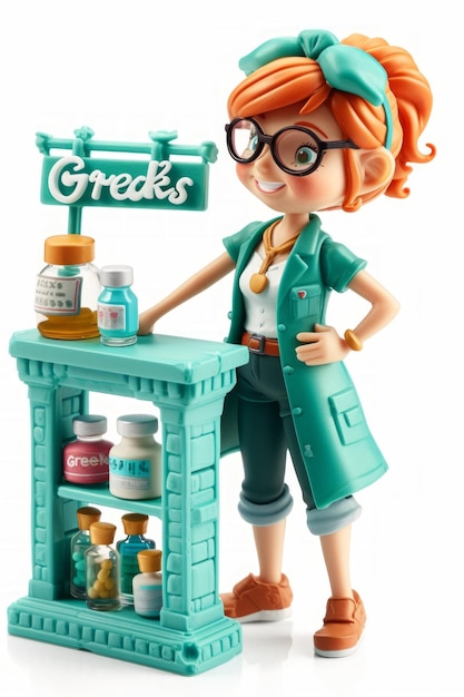 Фото Веселая женщина-ученый в лабораторном пальто и очках стоит возле стола с химической стеклянной посудой
