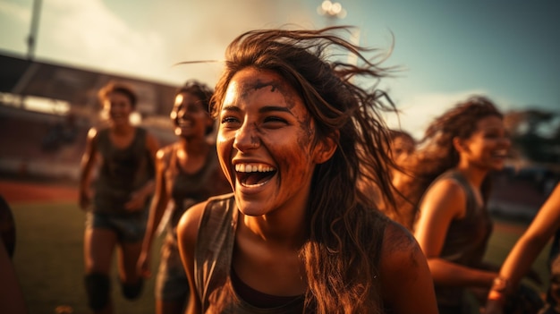 A cheerful female soccer team celebrates victory and carries on with teammates shouting with joy in the stadium