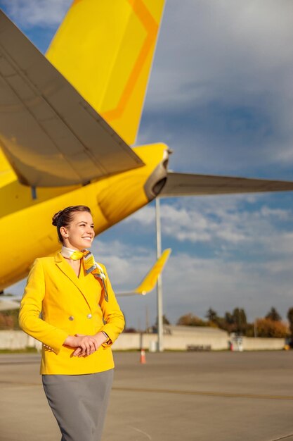 Cheerful female stewardess standing outdoors at airfield