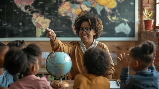 Cheerful female teacher explaining globe to preschoolers in classroom