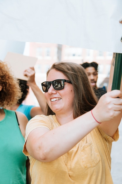 Cheerful feminists celebrating women\'s rights