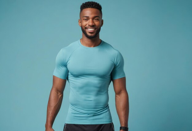 A cheerful fit man in a blue shirt standing confidently his smile and physique convey health and