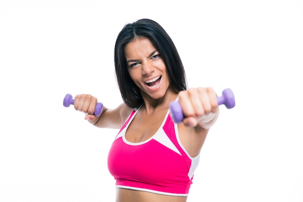 Cheerful fitness woman workout with dumbbells