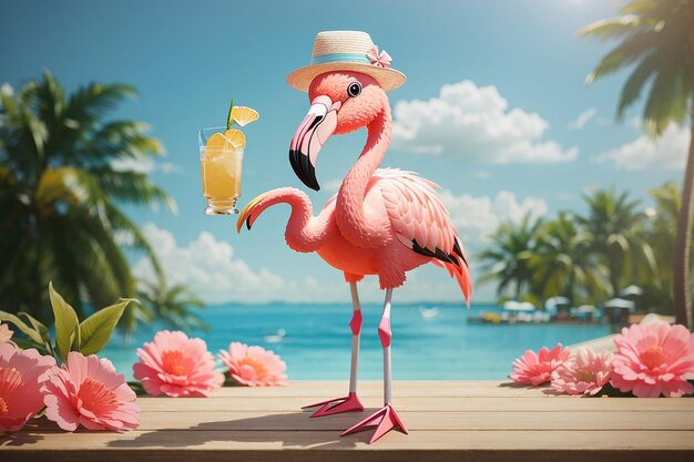 A cheerful flamingo wearing sunglasses stands on one leg enjoying a refreshing sip