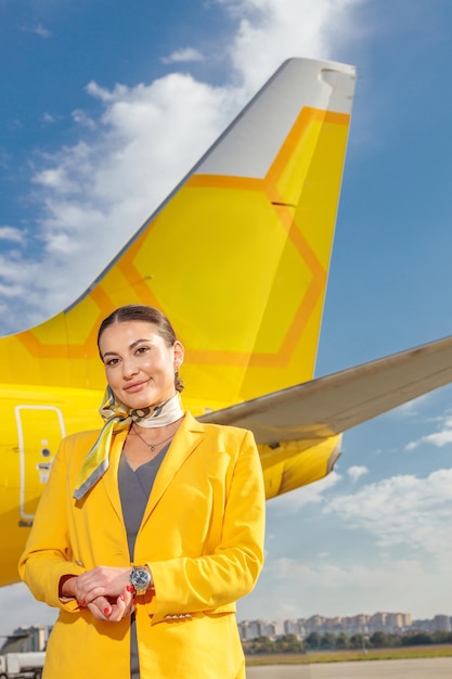 Cheerful flight attendant in stewardess uniform looking at camera and smiling while standing near airplane