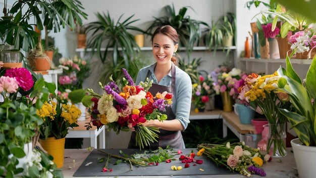 Cheerful florist woman with flowers in workshop