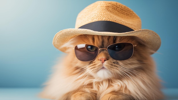 A cheerful fluffy cat on vacation wearing a Panama hat sunglasses Travel and vacation