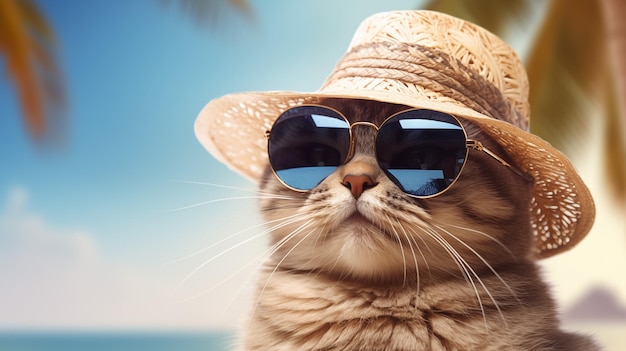 A cheerful fluffy cat on vacation wearing a panama hat sunglasses travel and vacation