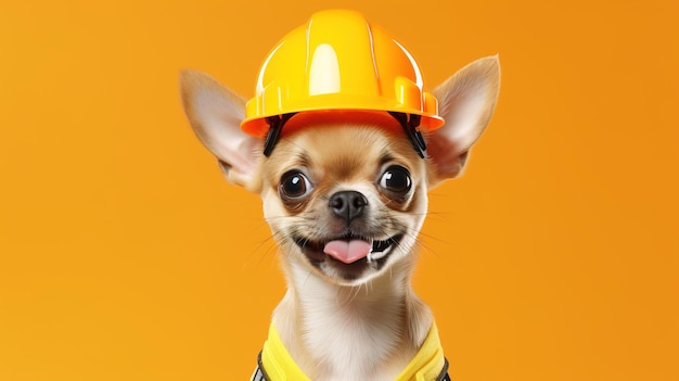 Cheerful fluffy puppy in a yellow helmet on an orange background. high quality photo