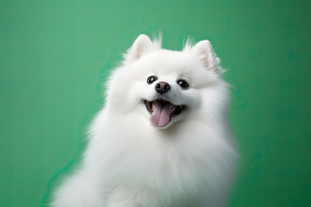 Cheerful fluffy white spitz posed on soft green background for calm vibes