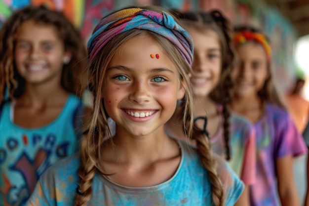 Cheerful friends in colorful clothes having fun on their summer vacation outside