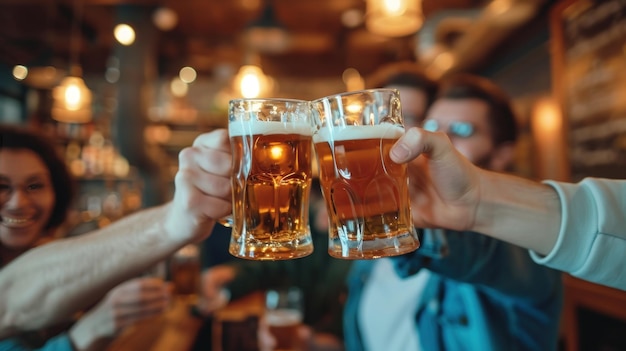 バーでビールを飲みながら陽気な友達が乾杯する