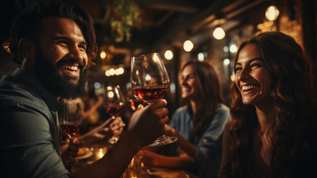 Photo cheerful friends toasting with glasses of red wine in restaurant