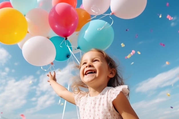 Cheerful funny child girl with colorful balloons on a sky background Kid having fun with balloons and confetti