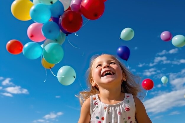 하늘 배경에 다채로운 풍선을 들고 있는 밝고 재미있는 어린 소녀 풍선을 가지고 즐거운 시간을 보내는 아이