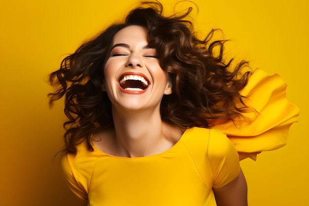 cheerful and funny happy woman in vivid shine yellow background