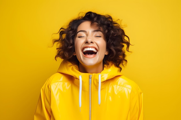 Cheerful and funny happy woman in vivid shine yellow background