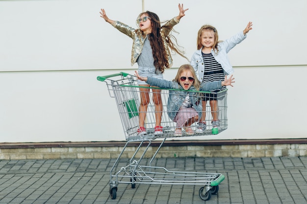 Cheerful funny little girls in shopping trolley 