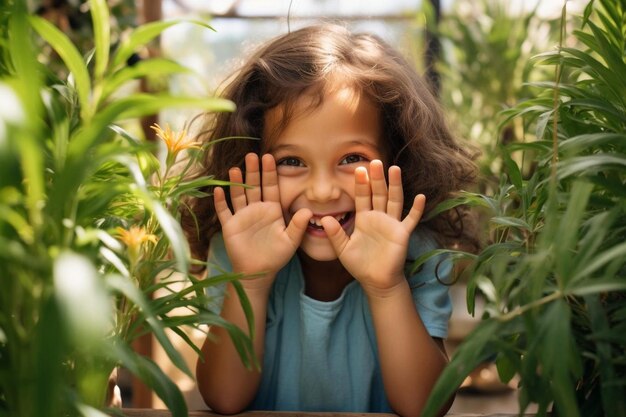 Cheerful girl covering eyes with hands