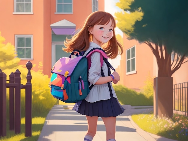 Cheerful Girl Embraces First Day Back to School Walking Toward the School with Backpack generated ai