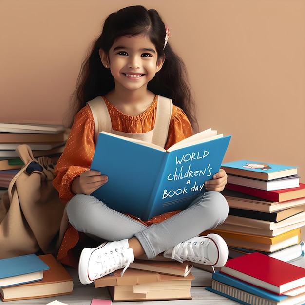 a cheerful girl is sitting on a pile of books and reading books