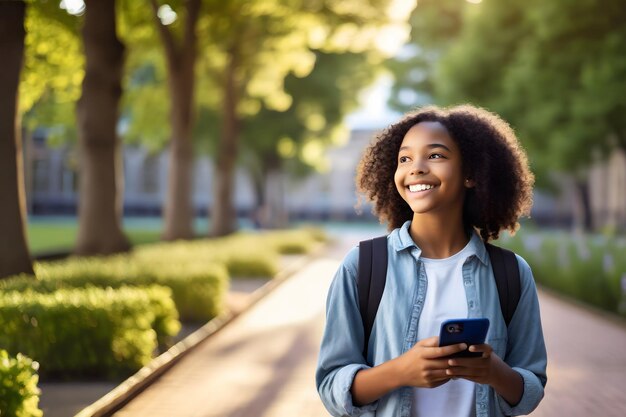 cheerful girl in the park using mobile