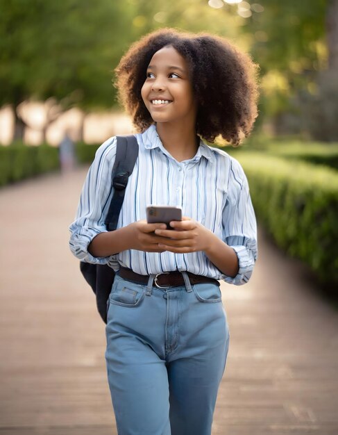 cheerful girl in the park using mobile