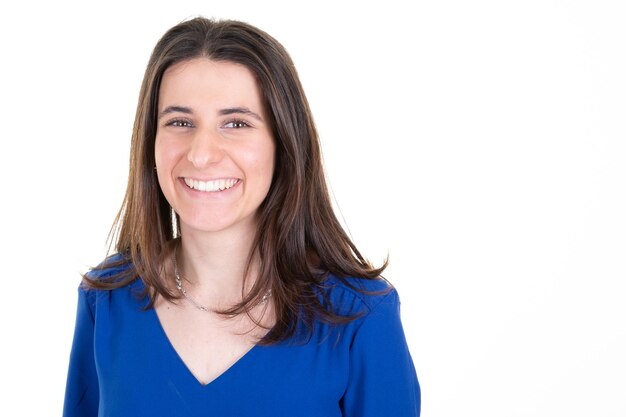 Cheerful girl portrait face of young happy woman smiling on white background aside copy space