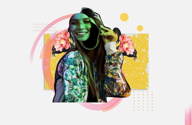 cheerful girl posing on background of the wall with graffiti