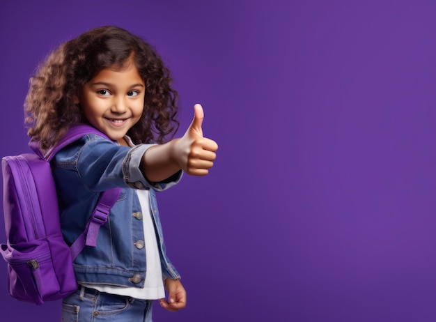 Cheerful girl in school uniform pointing finger up