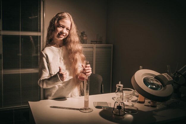 Cheerful girl schoolgirl standing near the table in the chemist