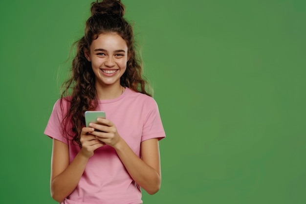 Photo cheerful girl showing device against green background