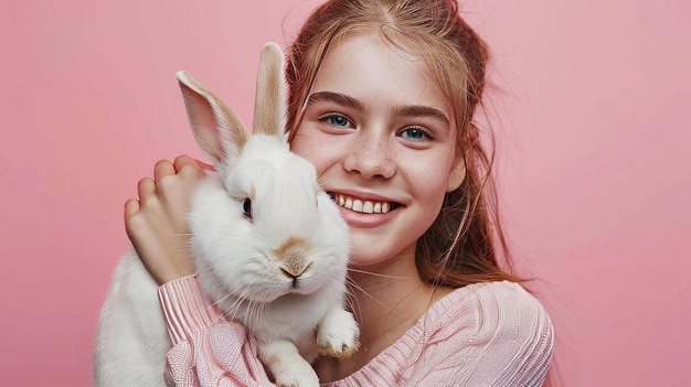 A cheerful girl snuggling with a fluffy white rabbit