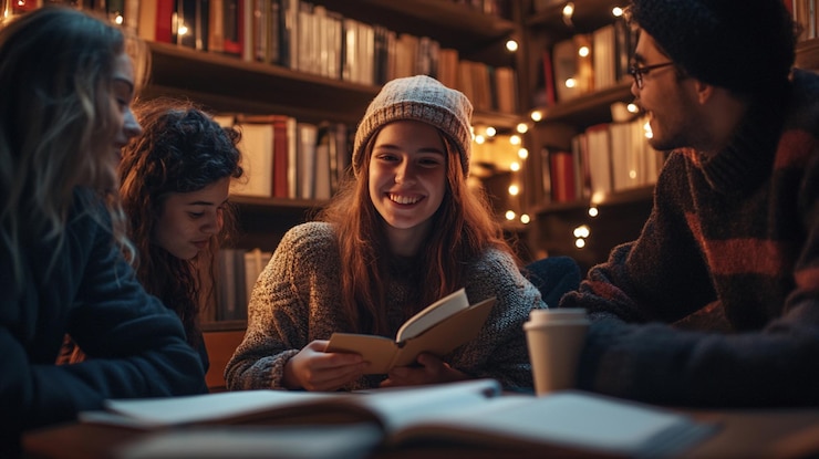Photo cheerful girl studying with friends in a creative workspace