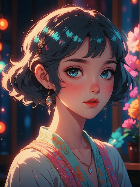 애니메이션 스타일의 만화 일러스트레이션으로 다채로운 꽃의 머리을 착용 한 즐거운 소녀