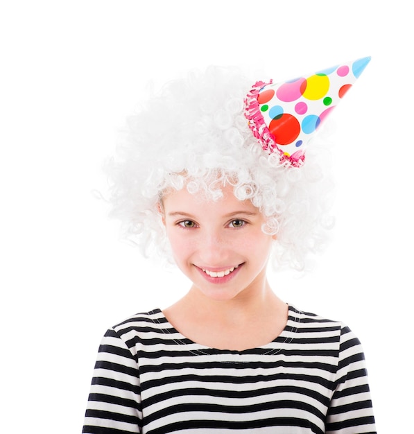 Cheerful girl in white curly wig