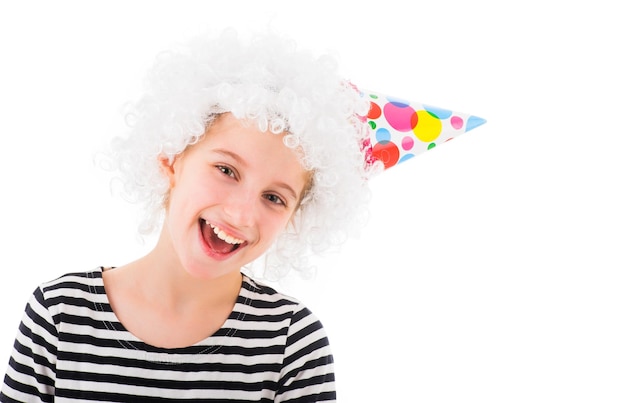 Cheerful girl in white curly wig