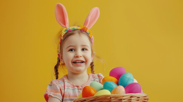 Cheerful girl with rabbit ears holding colored eggs on yellow background