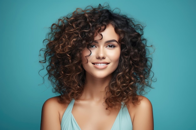 Cheerful girl with red lips and snowwhite smile looks into camera on blue background Portrait of cute curly lady in yellow top with long sleeves and jeans