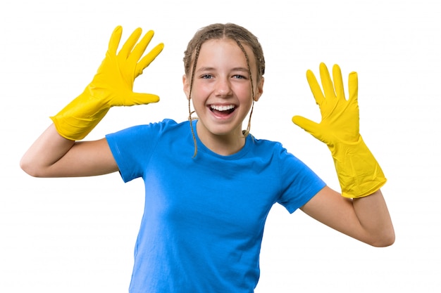 Cheerful girl in yellow rubber protective gloves