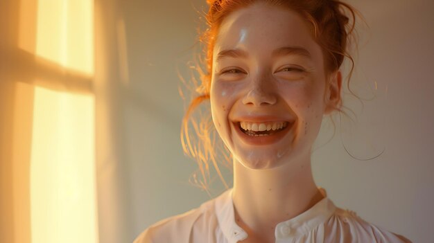 Photo cheerful gorgeous young woman wearing her ginger hair in knot smiling happily while generative ai