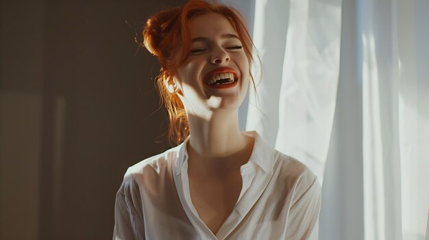 Photo cheerful gorgeous young woman wearing her ginger hair in knot smiling happily while generative ai