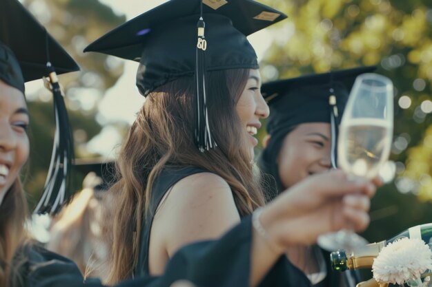 Photo cheerful graduates in a gown and a cap with a tassel drink champagne on street vintage retro style