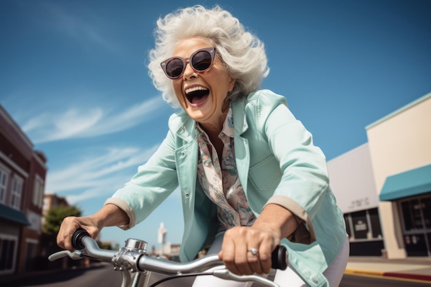陽気なおばあちゃんが自転車に乗って 高い光沢の写真をきれいに い焦点を当てています