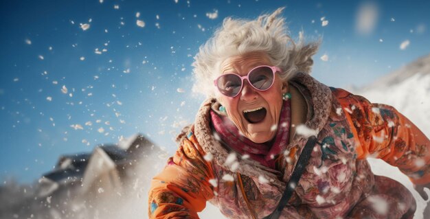 a cheerful grandmother rides a sleigh down a hill in winter