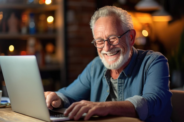 Веселый дедушка сидит за ноутбуком и наслаждается общением в социальных сетях.