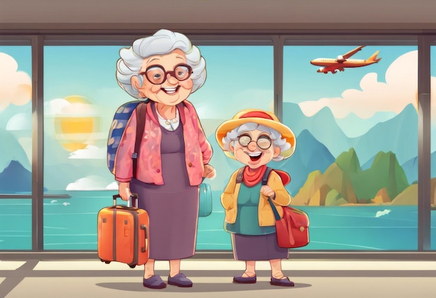 Cheerful grannies go on a trip at the airport