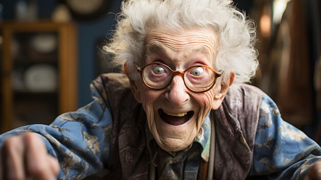 Photo cheerful granny making faces spirited old woman having fun