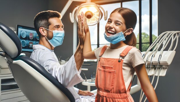 Photo cheerful great dentist giving his little patient a high five